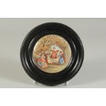 A PORCELAIN POT LID, THE SWING (VERY RARE) 4ins diameter. Framed