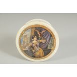 A POMADE POT AND LID, LADY WITH HAWK, 3.25ins diameter.