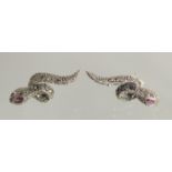 A PAIR OF SILVER MARCASITE AND GARNET SNAKE EARRINGS.