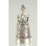 A NOVELTY SILVER DUTCH LADY THIMBLE AND A PIN CASE, 4cm.