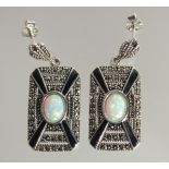 A PAIR OF SILVER OPAL AND ONYX ART DECO STYLE EARRINGS.