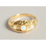 A SILVER AND 18 CT GOLD PLATED OPAL AND DIAMOND RING.