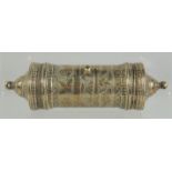 A 19TH CENTURY INDIAN ENGRAVED BRASS CYLINDRICAL CONTAINER, 17cm long.