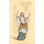 A 20TH CENTURY MINIATURE WATERCOLOUR PAINTING ON PAPER, depicting a female dancer in a floral and