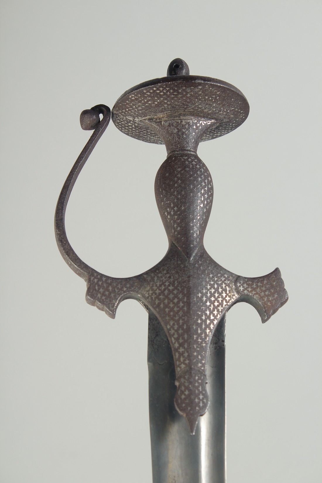 A FINE 18TH CENTURY INDIAN DECCANI TULWAR SWORD, with silver inlaid hilt and watered steel blade, - Image 2 of 4