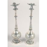 AN UNUSUAL PAIR OF 19TH CENTURY ISLAMIC MARKET CHINESE SILVER MINIATURE ROSEWATER SPRINKLERS, each