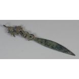 A RARE ANCIENT PERSIAN SASSANIAN BRONZE BLADE, the finial in the form of a ram, 15cm long.