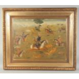 A LARGE OIL ON CANVASS PAINTING DEPICTING QAJAR RULER FATH 'ALI SHAH, HUNTING SCENE, in a fine