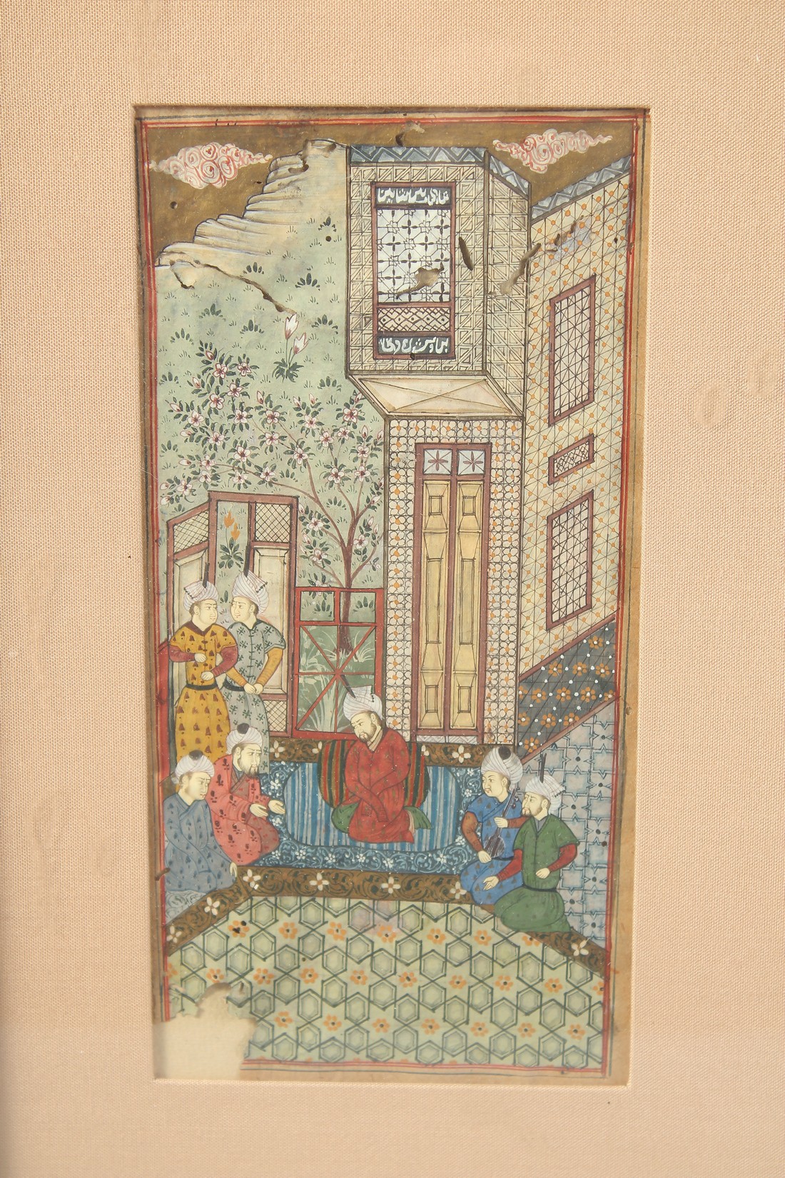 TWO FINE PERSIAN MINIATURE PAINTINGS, depicting courtyard scenes with figures, framed and glazed - Image 2 of 3