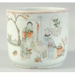 A CHINESE REPUBLIC PORCELAIN BRUSH POT, finely painted with figures in a garden and bearing four-