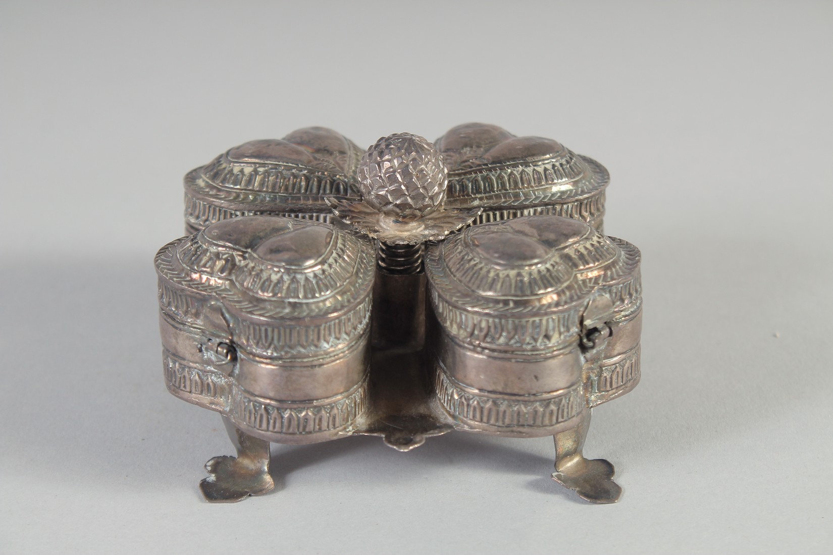 A 19TH CENTURY INDIAN SILVER SPICE BOX, with four compartments, 10cm wide. - Image 4 of 6