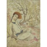 A PERSIAN MINIATURE PAINTING ON PAPER, depicting a seated figure beside a tree with marbled