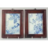 A PAIR OF REPUBLIC PERIOD BLUE AND WHITE PORCELAIN PLAQUES, with birds and flora, each inset with