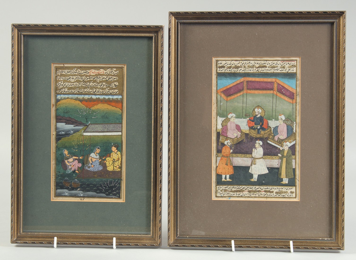 TWO ISLAMIC ILLUMINATED MANUSCRIPT PAGES, each finely painted with scenes of figures and panels of