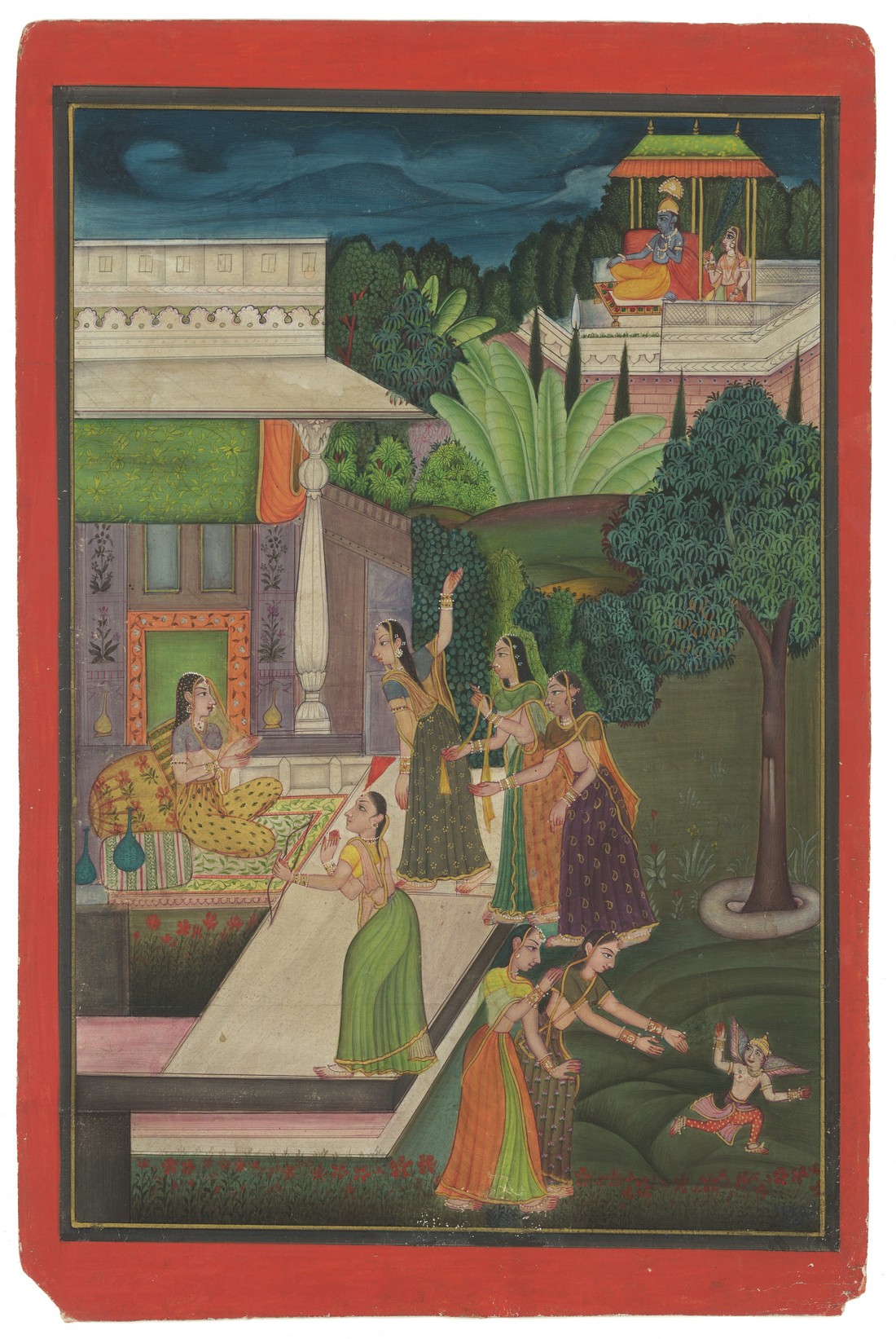 AN INDIAN MINIATURE PAINTING ON PAPER, depicting an evening scene with female figures in a garden - Image 2 of 3