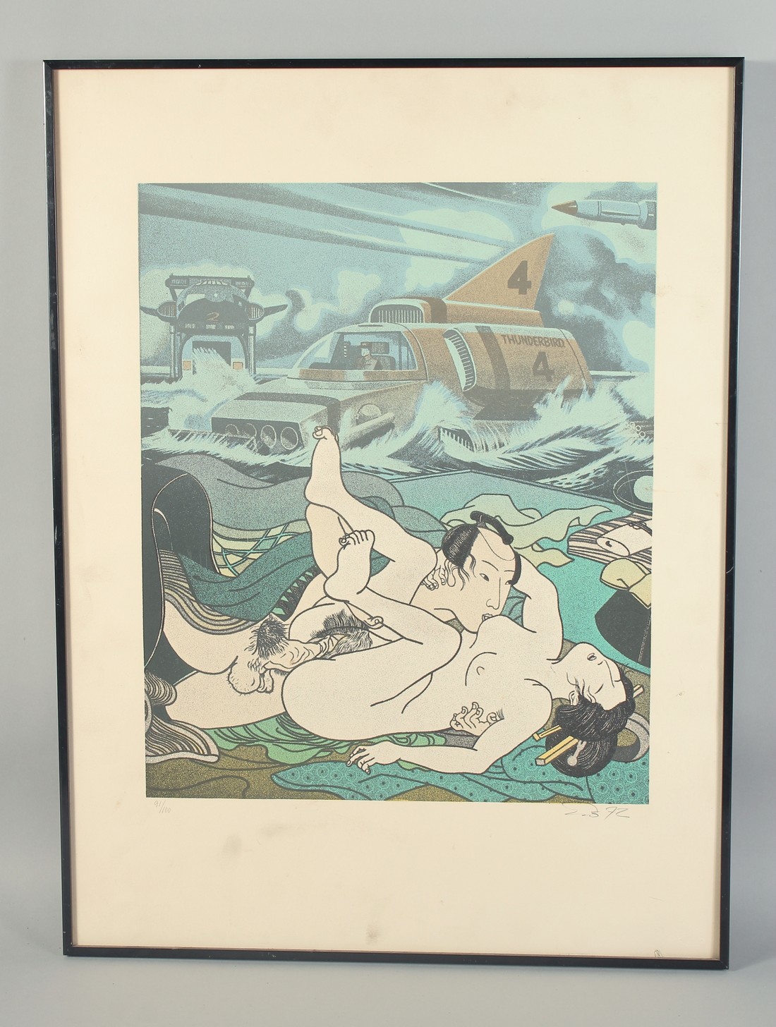 AN UNUSUAL JAPANESE EROTIC LITHOGRAPH PRINT, signed by artist, 91/100, framed - unglazed, 64cm x