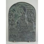 A CHINESE RELIEF BRONZE PLAQUE, depicting Guanyin and attendants, 16cm x 11cm.