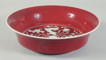 A CHINESE IRON RED PORCELAIN BOWL, with incised white fish and aquatic flora to the centre, six-