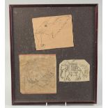 THREE 18TH-19TH CENTURY INDIAN DRAWINGS OF ELEPHANTS, framed and glazed together, frame 43cm x