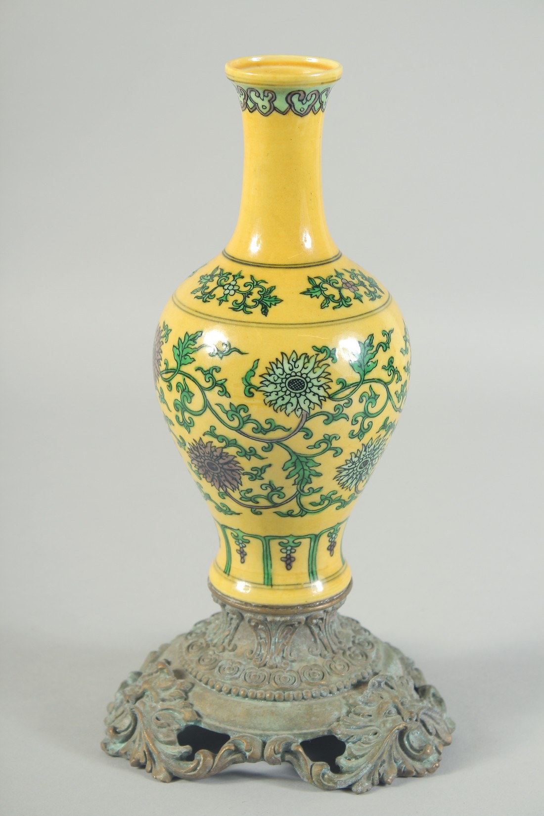 A CHINESE IMPERIAL YELLOW GROUND ENAMEL FLORAL VASE, mounted to a French bronze stand, vase base - Image 2 of 5