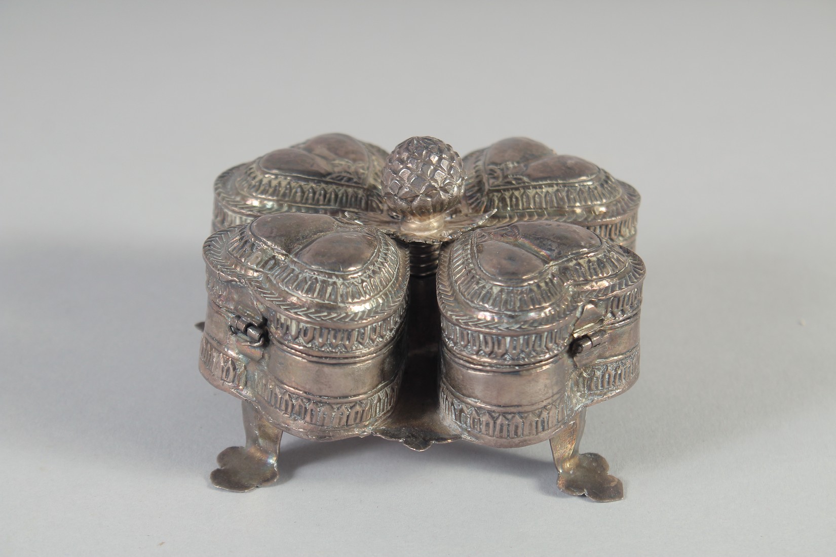 A 19TH CENTURY INDIAN SILVER SPICE BOX, with four compartments, 10cm wide. - Image 2 of 6