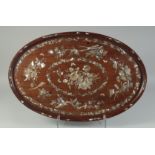 A CHINESE MOTHER OF PEARL INLAID HARDWOOD OVAL-FORM TRAY, finely decorated with various birds and