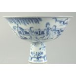 A CHINESE BLUE AND WHITE PORCELAIN PEDESTAL BOWL, painted with female figures in a garden, six-