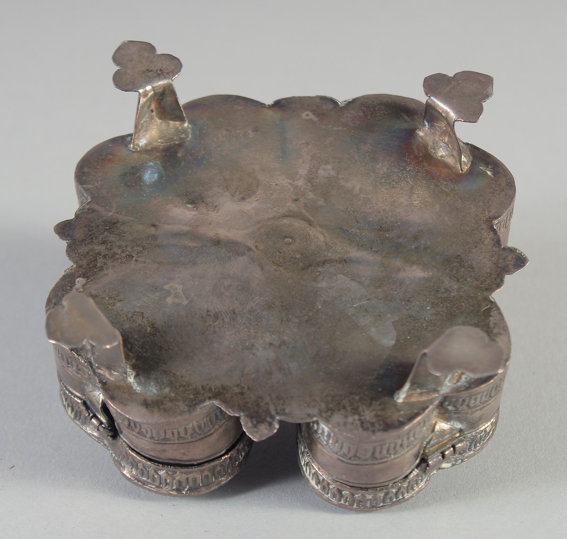 A 19TH CENTURY INDIAN SILVER SPICE BOX, with four compartments, 10cm wide. - Image 6 of 6