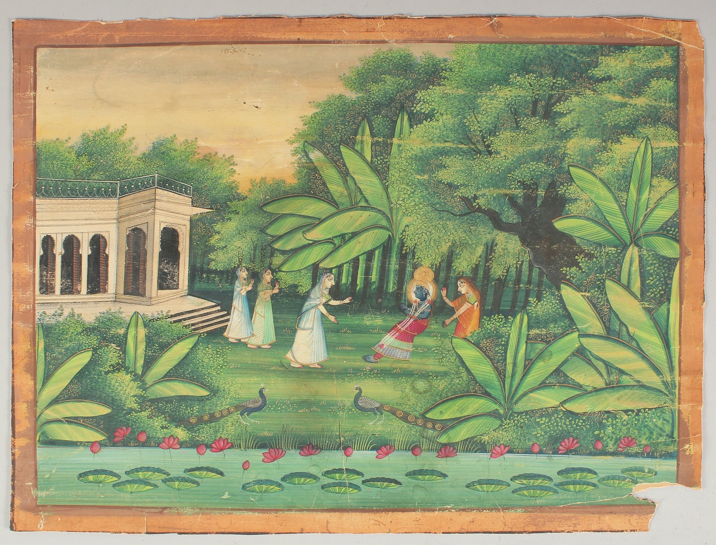 A LARGE INDIAN PAINTING ON PAPER, depicting a wooded outdoor scene with a deity and female