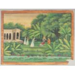 A LARGE INDIAN PAINTING ON PAPER, depicting a wooded outdoor scene with a deity and female