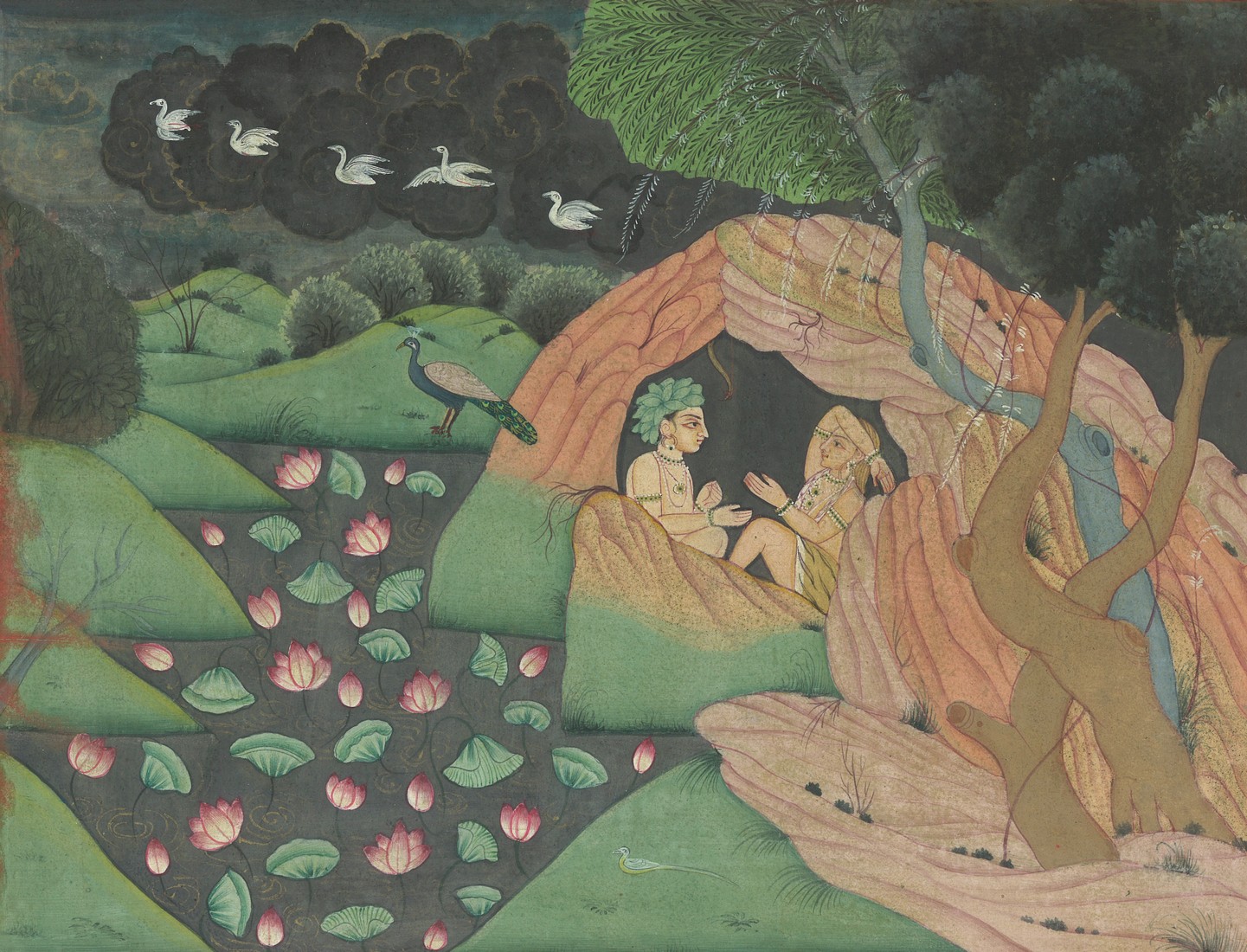 AN INDIAN MINIATURE PAINTING ON PAPER, depicting a sheltered couple in a landscape scene with a