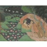 AN INDIAN MINIATURE PAINTING ON PAPER, depicting a sheltered couple in a landscape scene with a