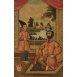 SCHOOL OF MIRZA BABA: A RARE ISLAMIC QAJAR OIL PAINTING DEPICTING MOHAMMED SHAH; the second ruler of