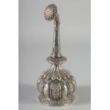 AN 18TH CENTURY INDIAN SILVER ROSEWATER SPRINKLER, with flower head spout, 22cm high.