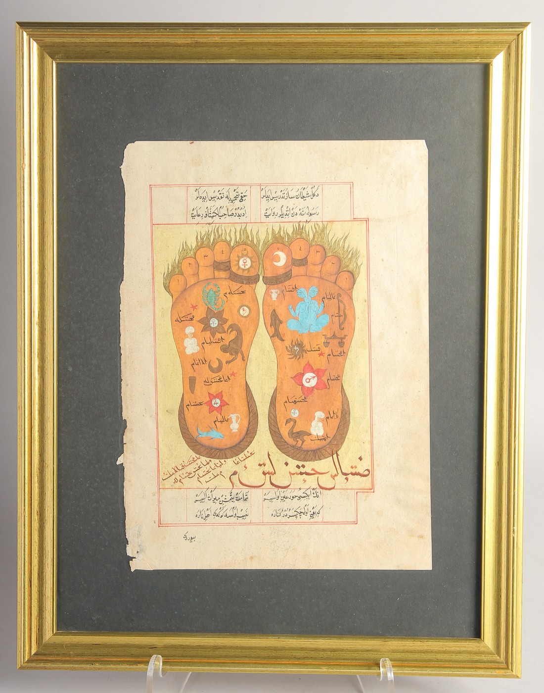 AN INDIAN TANTRIC FEET MINIATURE PAINTING, with zodiac signs, inscribed, framed and glazed, image - Image 3 of 6