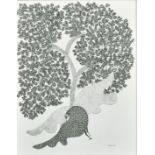 RAM SINGH URVETI (B. 1970) INDIAN GOND ARTIST, a bird beneath a tree, ink on paper, signed, 14" x