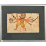 AN 18TH-19TH CENTURY INDIAN PAINTING OF KALI, framed and glazed, image 13cm x 21.5cm.