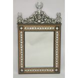 A FINE AND LARGE ISLAMIC TURKISH SHELL INLAID MIXED WOOD MIRROR, with decorative parquetry frame and