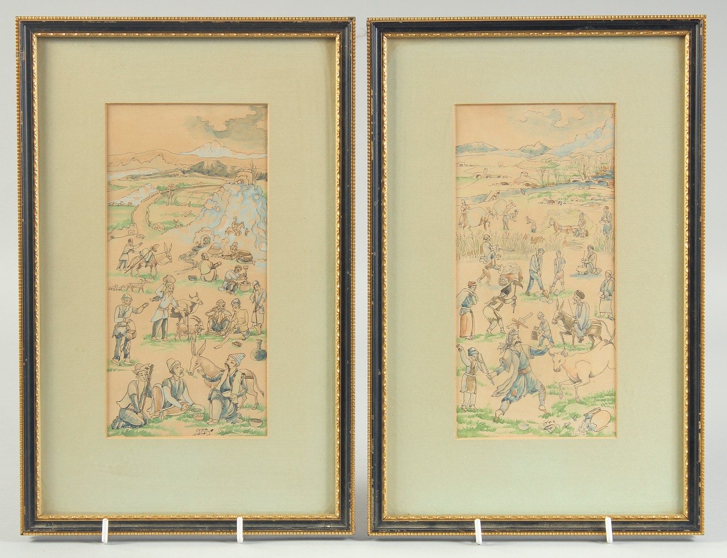 A PAIR OF MIDDLE EASTERN ILLUSTRATIONS ON PAPER, each depicting various figures and animals in a