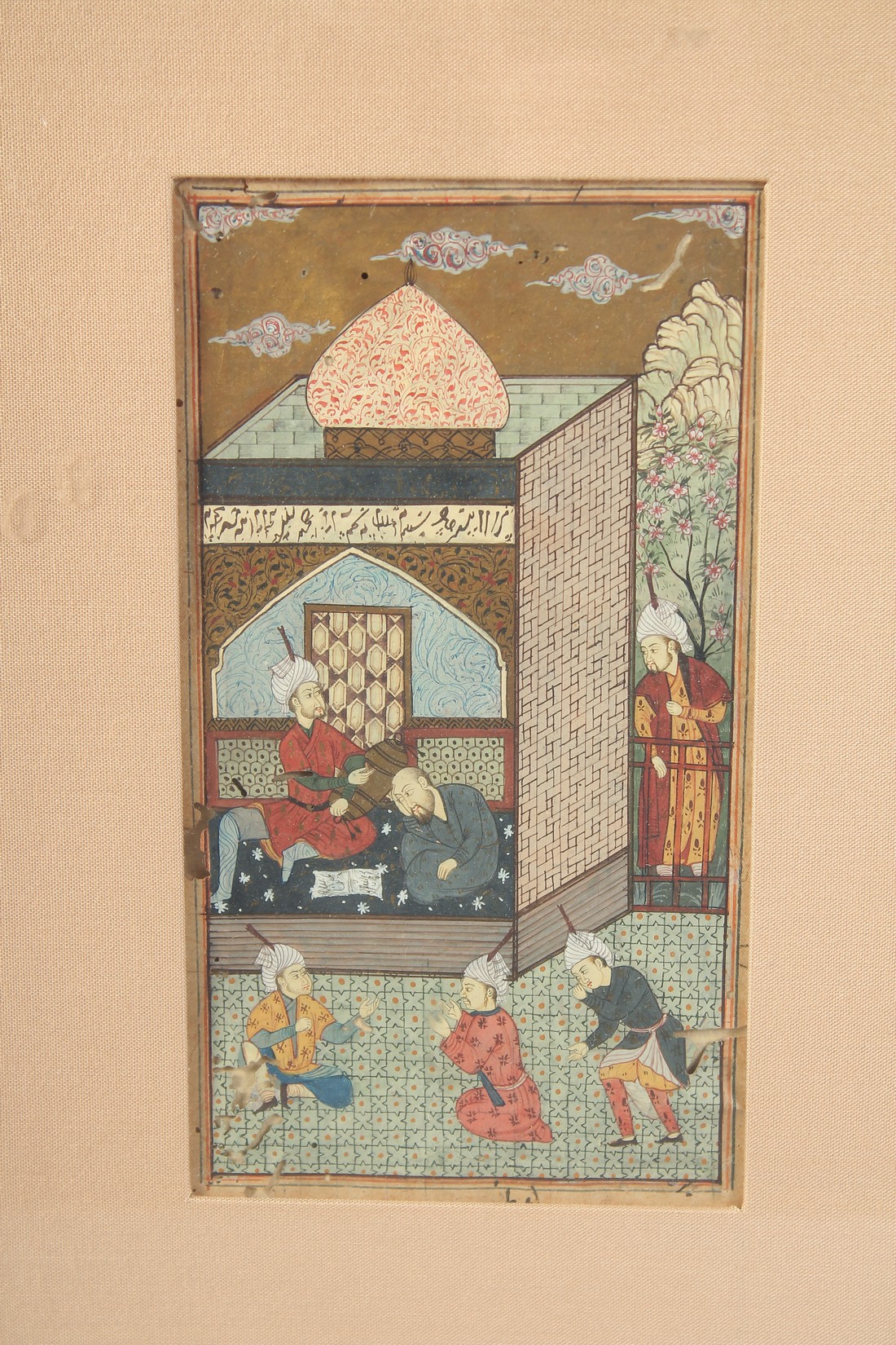 TWO FINE PERSIAN MINIATURE PAINTINGS, depicting courtyard scenes with figures, framed and glazed - Image 3 of 3