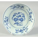 A CHINESE BLUE AND WHITE PORCELAIN DISH, decorated with peaches and other fruits, the exterior