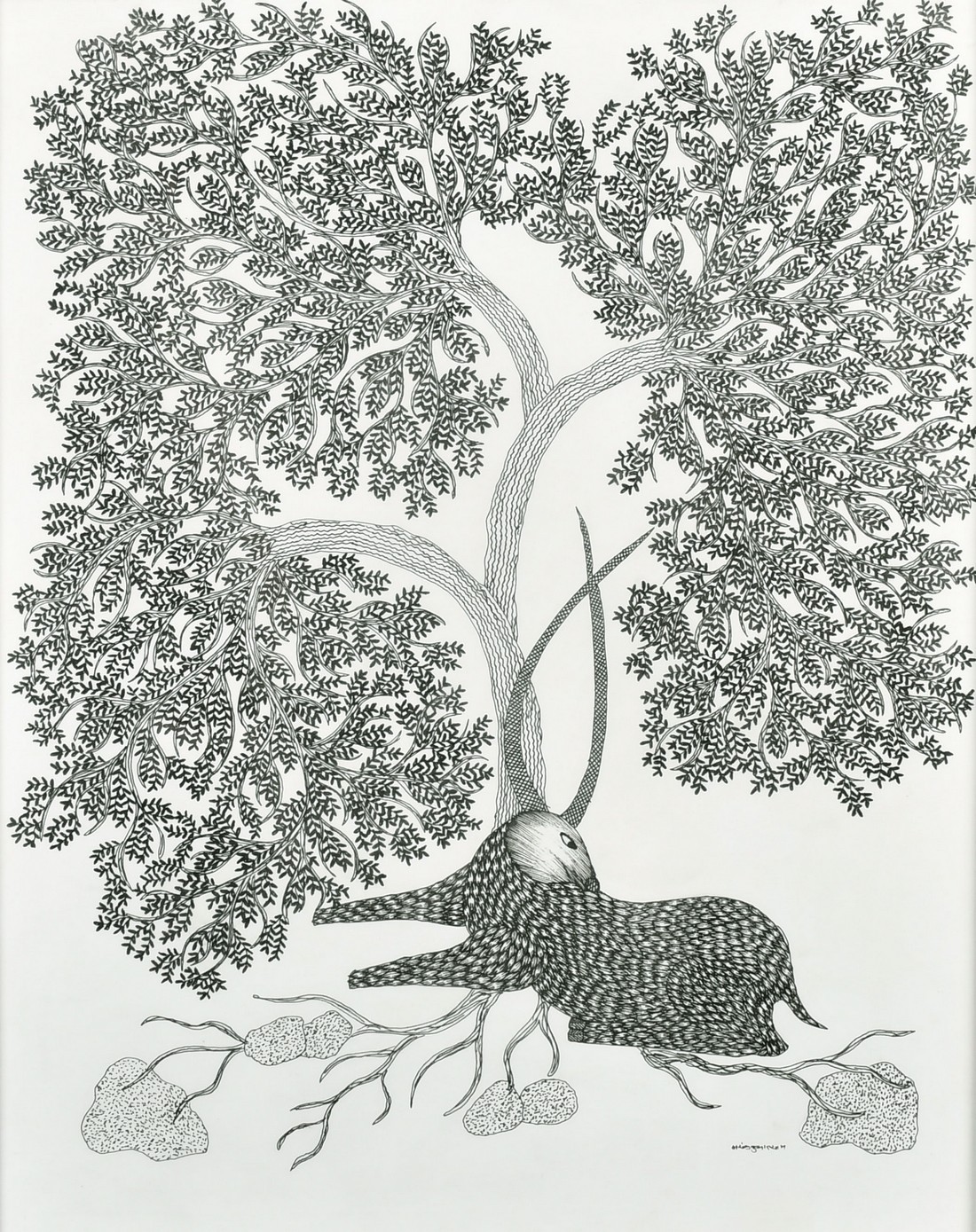 RAM SINGH URVETI (B. 1970) INDIAN GOND ARTIST, a deer sat beneath a tree, ink on paper, signed,