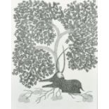 RAM SINGH URVETI (B. 1970) INDIAN GOND ARTIST, a deer sat beneath a tree, ink on paper, signed,
