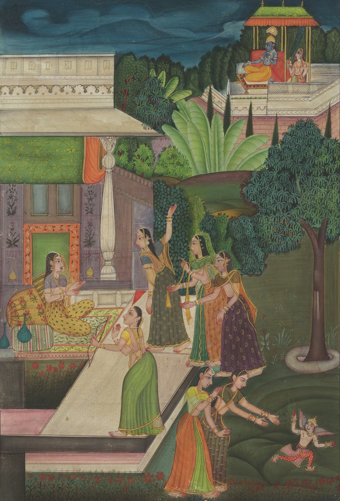 AN INDIAN MINIATURE PAINTING ON PAPER, depicting an evening scene with female figures in a garden