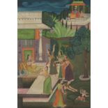 AN INDIAN MINIATURE PAINTING ON PAPER, depicting an evening scene with female figures in a garden
