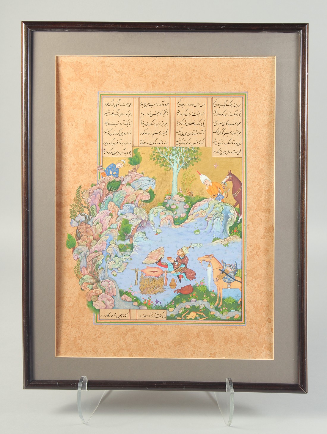 A LARGE FINE PERSIAN MINIATURE PAINTING ATTRIBUTED TO QASIM BIN 'ALI, depicting Rustam kicking the