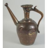 A PERSIAN ENGRAVED TINNED COPPER EWER, the engraved panels depicting figures, animals and flora,