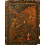 A RARE 17TH-18TH CENTURY PERSIAN SAFAVID LACQUERED BOOK BINDING, with embossed decoration, 30.5cm