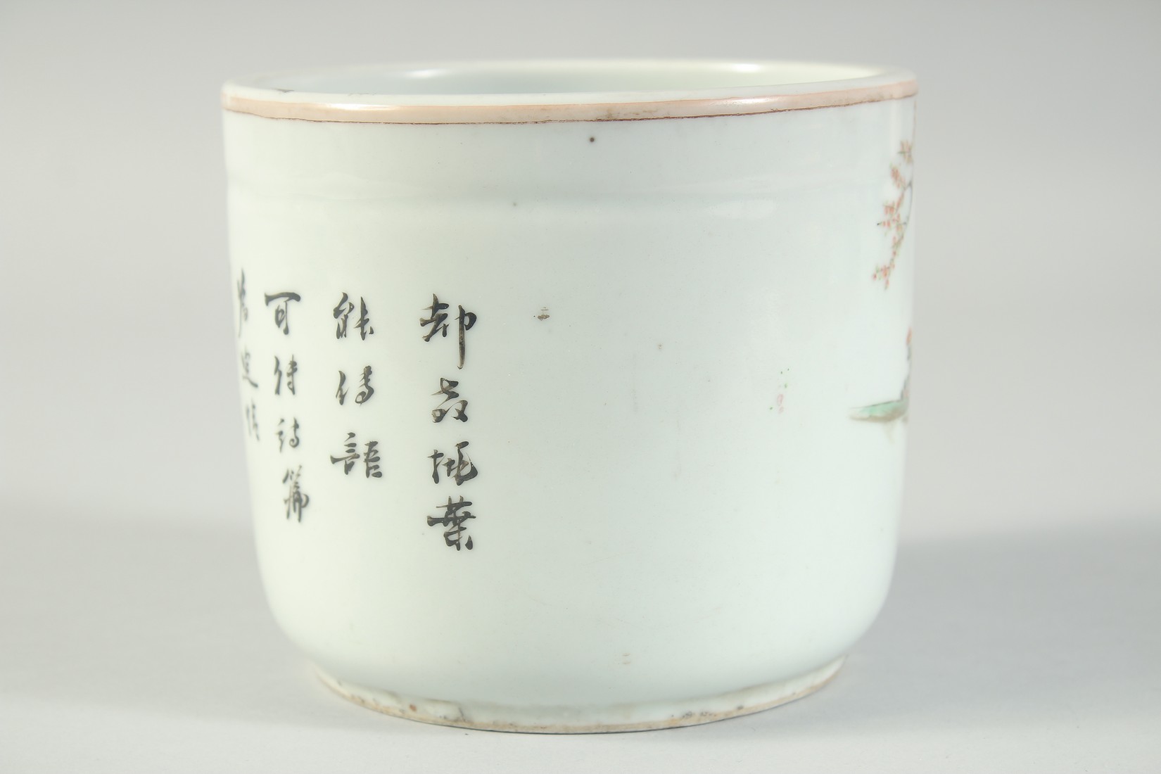 A CHINESE REPUBLIC PORCELAIN BRUSH POT, finely painted with figures in a garden and bearing four- - Image 3 of 5
