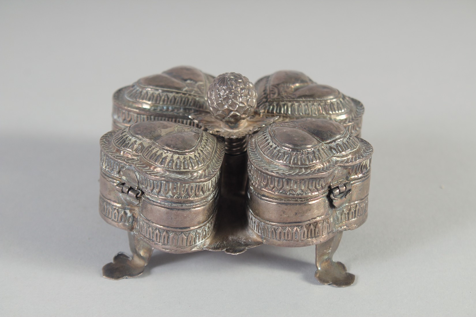 A 19TH CENTURY INDIAN SILVER SPICE BOX, with four compartments, 10cm wide. - Image 3 of 6